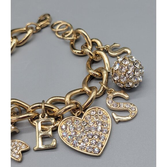 Guess Gold Tone Clear Rhinestone Heart Bow Dangle Charm Chain Link Bracelet B1A - Picture 2 of 11